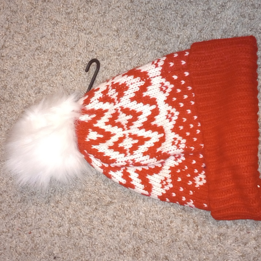 Old Navy Red and White Knit Beanie with Pom-Pom